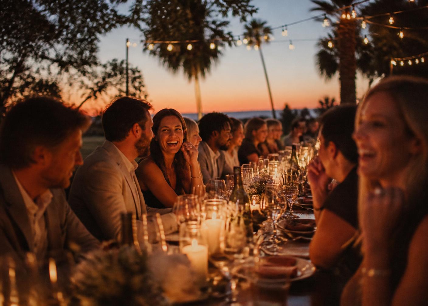 Long candlelit dinner table at golden hour